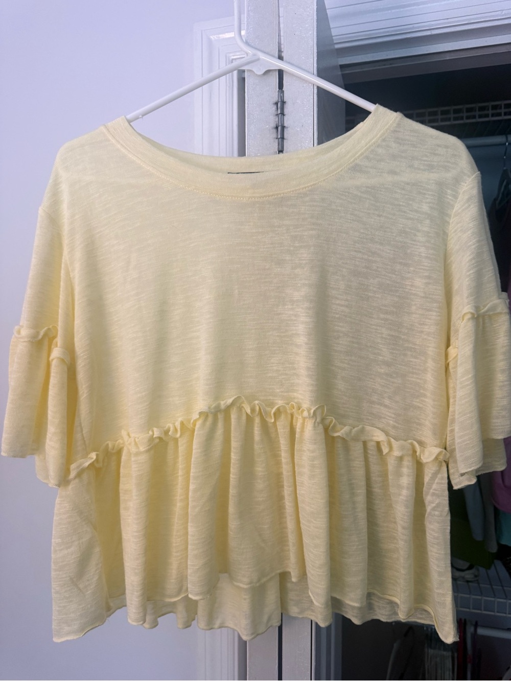 Discreet Pale Yellow Ruffle Peplum Tunic Top